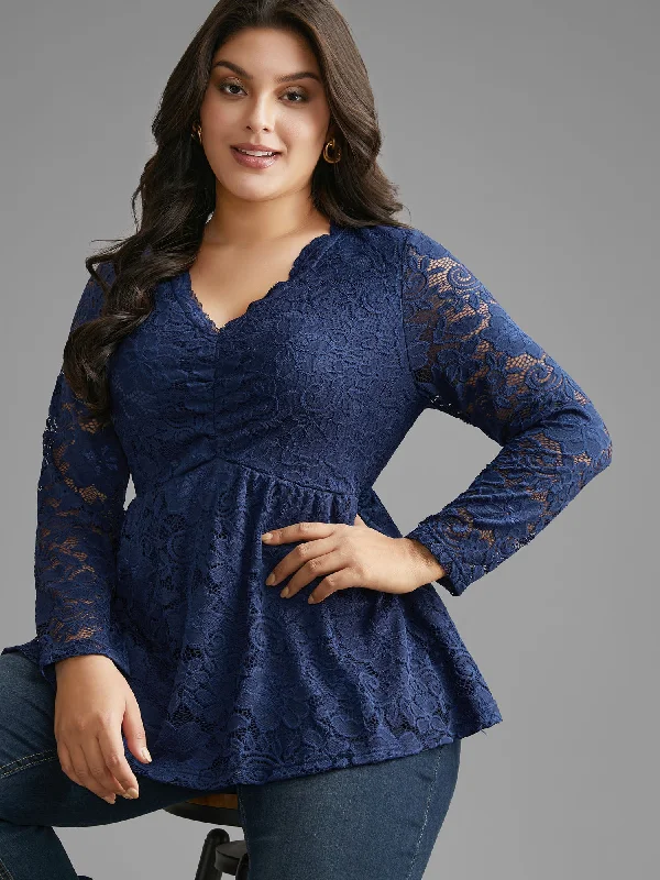 Shop Today, Save Tomorrow!Crochet Lace Mesh Ruched Jersey Top