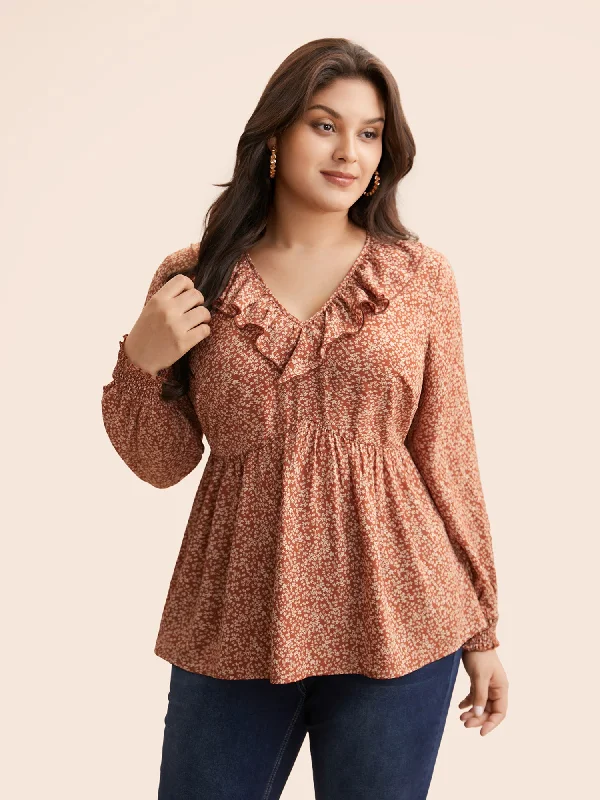 Save Like Never Before!Ditsy Floral Ruffle Trim Shirred Blouse