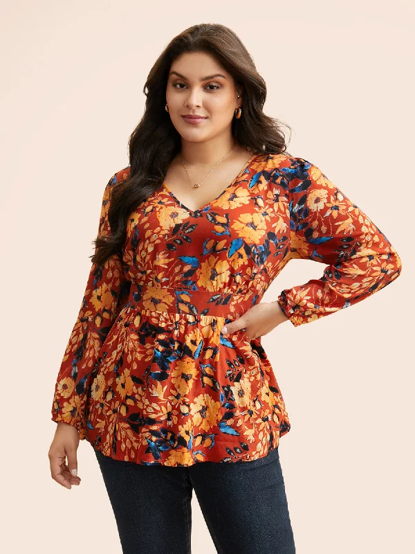 Seasonal Sale – Shop Now!Floral Shirred Gathered Lantern Sleeve Blouse