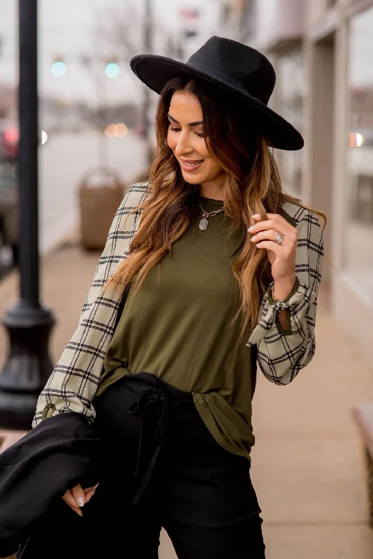Save More Than Ever!Grid Plaid Tie Sleeve Blouse