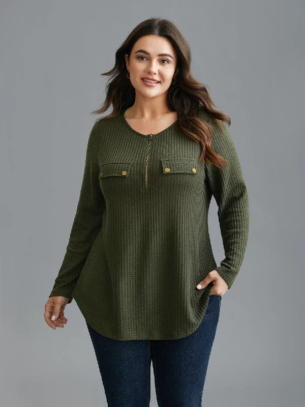 Shop More, Spend Less!Half Zipper Flap Detail Pockets Knit Top