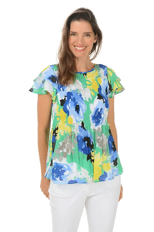 Get the Best for Less!Bright Flowers Flutter Sleeve Pleated Blouse