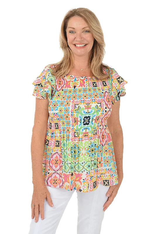 Your Best Deals Are Here!Floral Tiles Flutter Sleeve Pleated Blouse