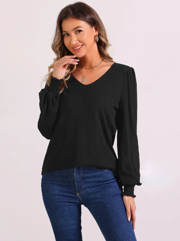 Crazy Discounts Inside!V Neck Puff Long Sleeve Smocked Cuff Casual Blouse