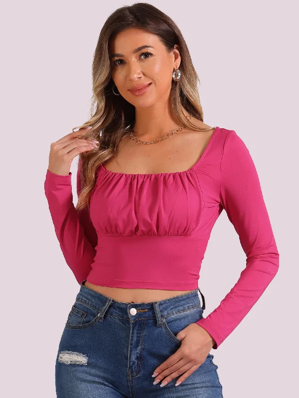 Sale Alert – Get Ready to Shop!Ruched Long Sleeve Solid Fitted Cropped Blouse
