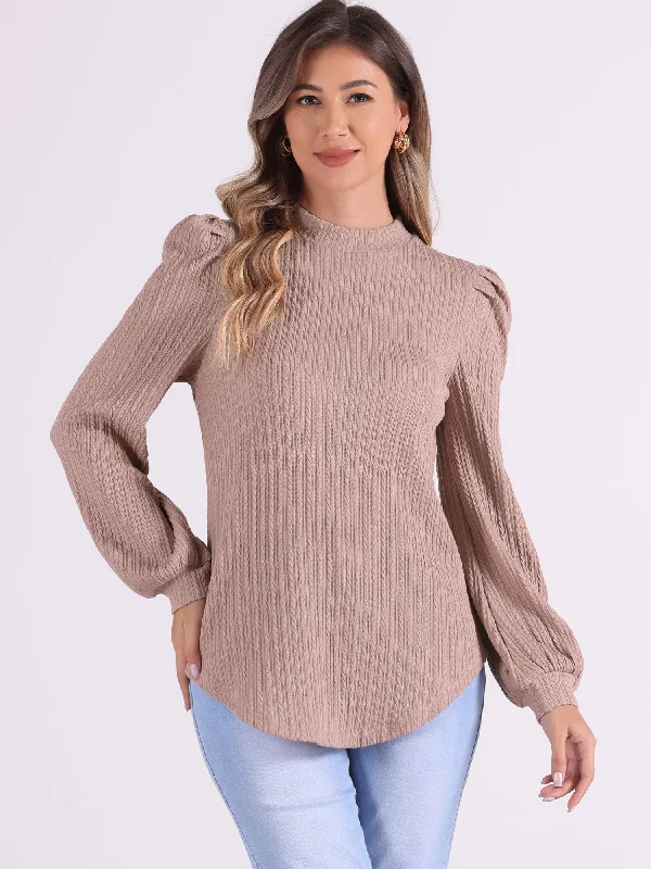 Score Big Savings Today!Textured Long Sleeve Mock Neck Puff Sleeve Blouse Tunic Tops