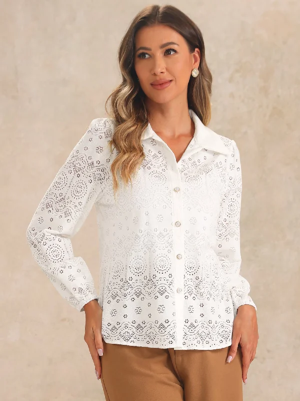 Your Discount is Waiting!Eyelet Sheer Boho Button Down Puff Sleeves Shirts