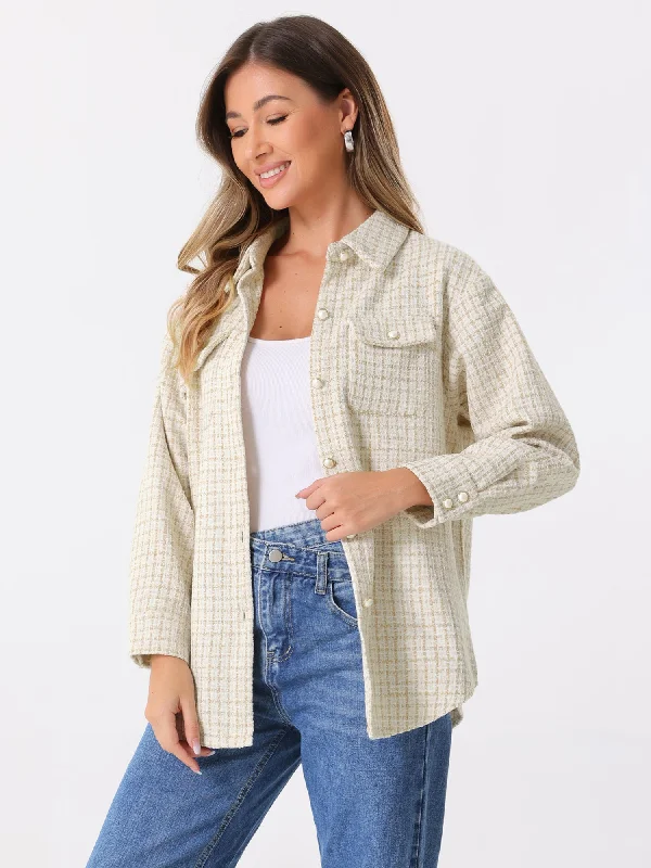Shop Smart, Save Big!Tweed Plaid Long Sleeves Loose Fit Shirt Jacket Shacket