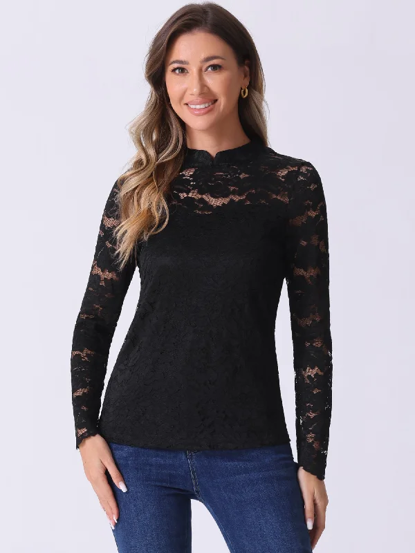 Amazing Prices You Can’t Resist!Sheer Lace Long Sleeve Mock Neck Casual Blouse