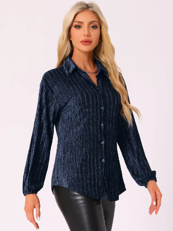 Hottest Discounts of the Year!Velvet Long Sleeve Striped Sheer Button Down Shirt