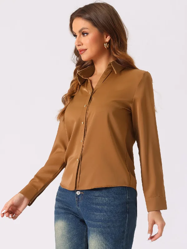 Massive Price Cuts!Collar Satin Button Down Long Sleeve Work Office Shirt