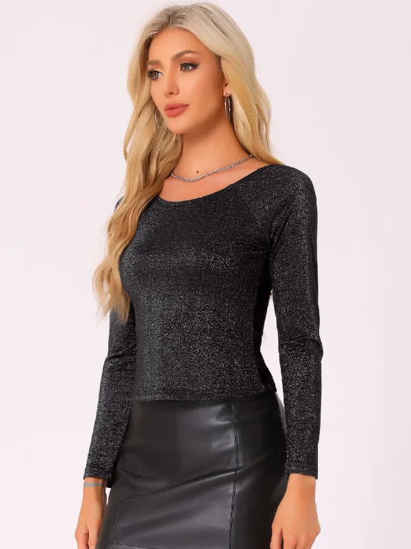 Must-Have Deals Inside!Long Sleeves Pullover Glitter Cropped Blouse