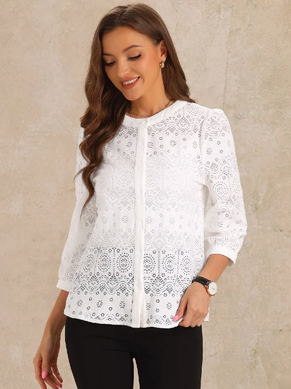 Limited-Time Price Drop!Boho Eyelet 3/4 Puff Sleeves Round Neck Blouse