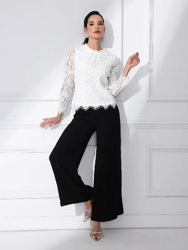 Amazing Prices You Can’t Resist!Lace Long Sleeve Ruffle Stand Neck Floral Blouse
