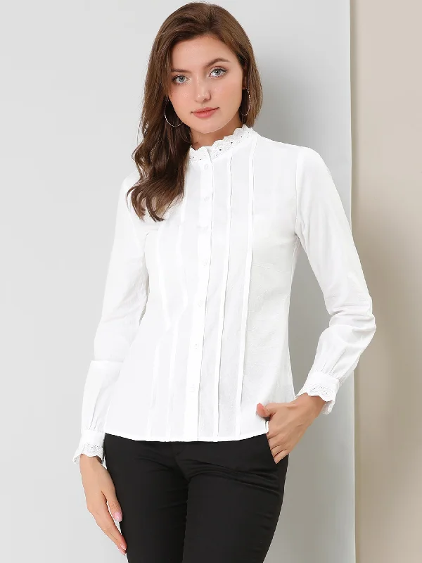 Only a Few Left – Order Now!Mock Neck Lace Trim Pleated Button Down Work Office Blouse Shirt