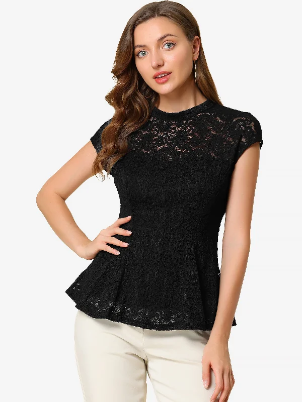 Flash Sale – Act Fast!Crochet Peplum Floral Mock Neck Cap Sleeve Lace Blouse
