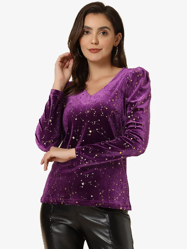Hot Deals You Can’t Resist!Velvet V-Neck Long Sleeve Gilding Shiny Metallic Stars Top