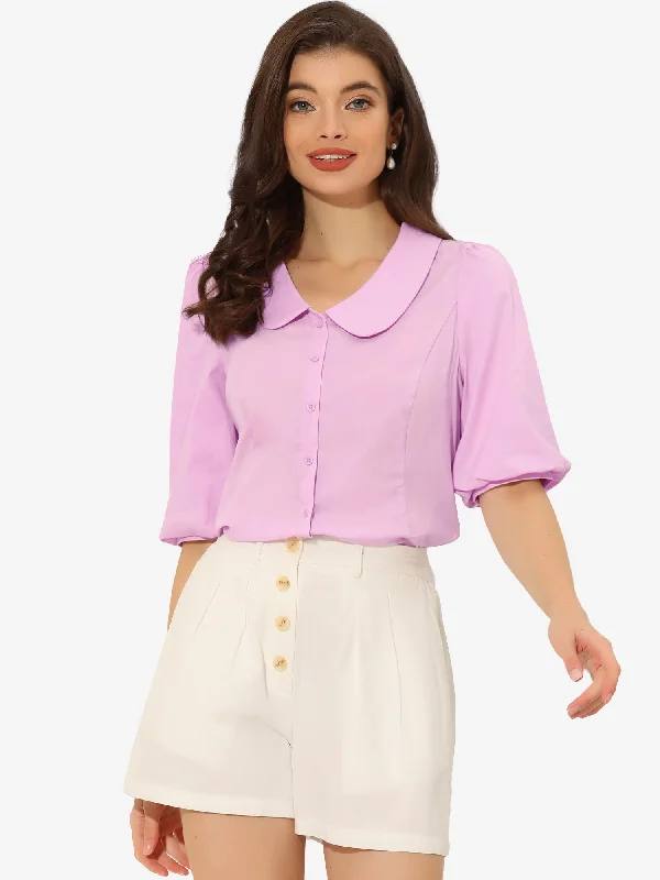 Everything Must Go!Sweet Short Bubble Sleeve Blouse Peter Pan Collar Solid Top