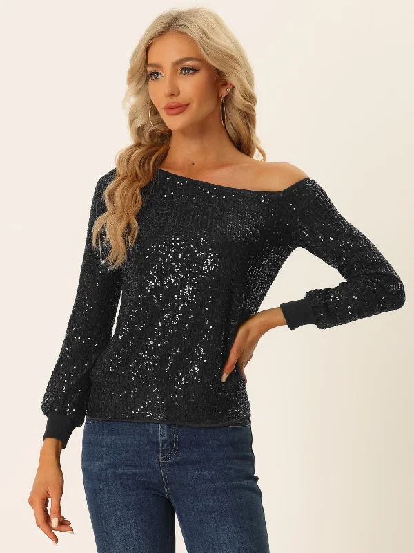 Time to Snag a Bargain!Off Shoulder Sequins Tops Disco Party Sparkly Glitter Top