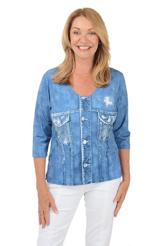 Flash Deals – Act Quickly!Printed Double Pocket Denim Knit Top