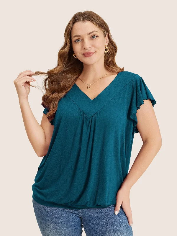 Save Money, Shop Happy!Plain Gathered V Neck Ruffle Sleeve T-shirt