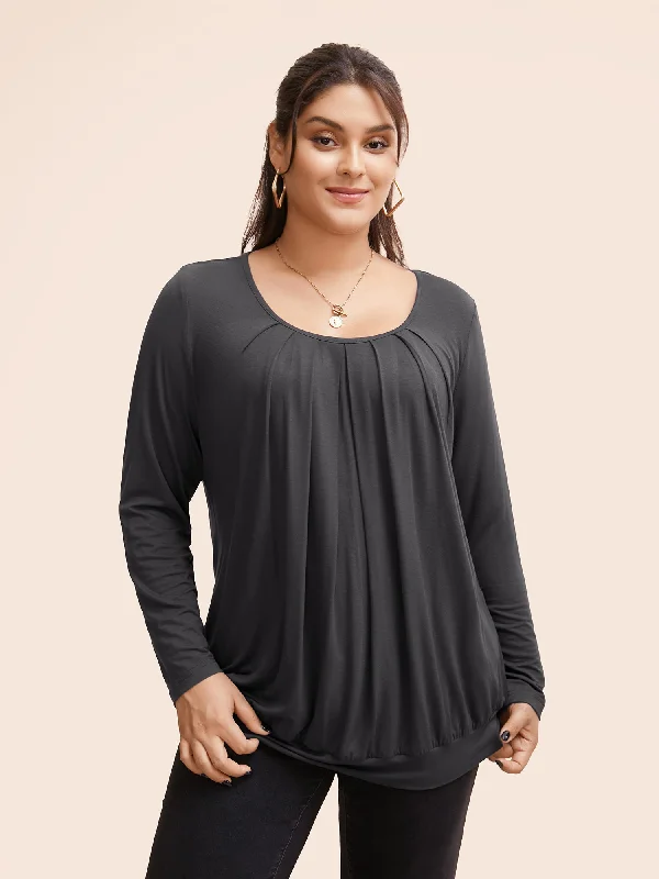 Shop Now and Save!Plain Pleated Round Neck T-shirt
