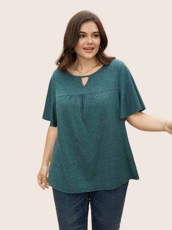 Your Chance to Save is Now!Plain Ruffle Sleeve Keyhole Gathered Crew Neck T-shirt