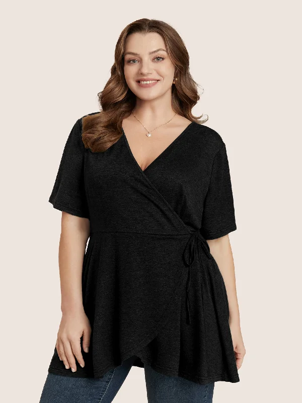 Best Offers of the Month!Plain Surplice Neck Tie Side Asymmetrical Hem T-shirt
