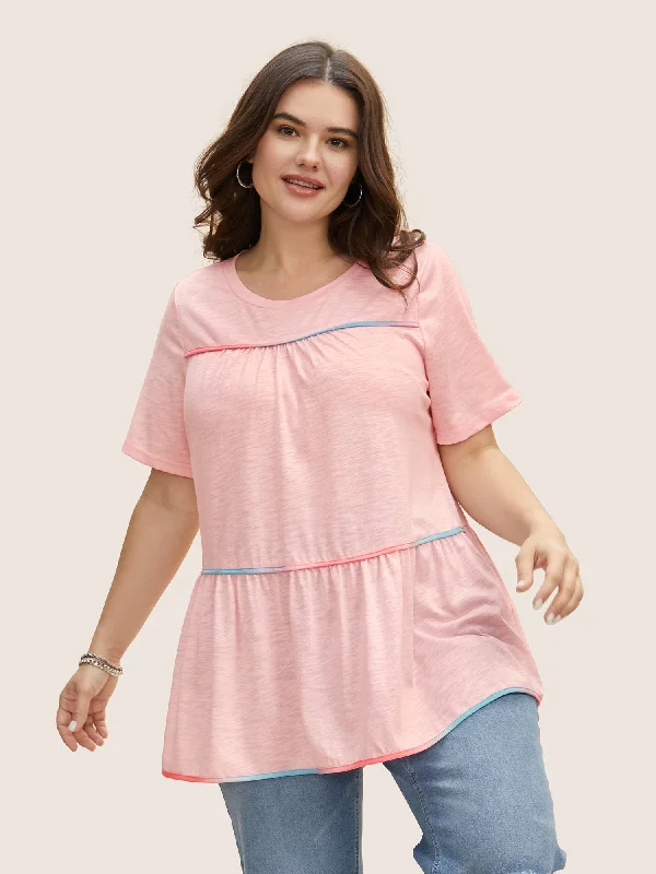 Savings You Can’t Ignore!Round Neck Contrast Tucked Seam Ruffles T-shirt