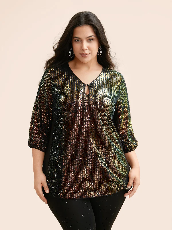 Seasonal Sale – Shop Now!Sequin Keyhole Lantern Sleeve Blouse