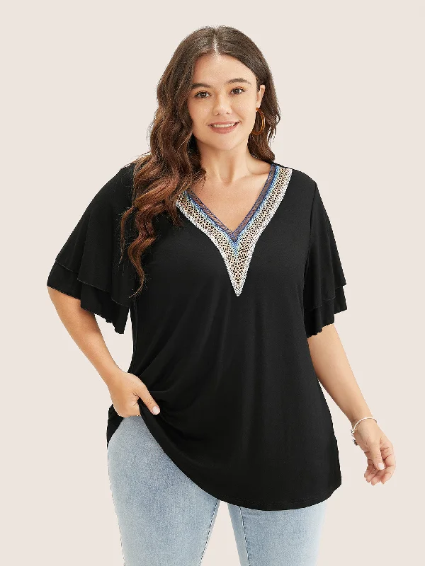 New Discounts Just Dropped!Solid Crochet Lace Ruffle Tiered Sleeve V Neck T-shirt
