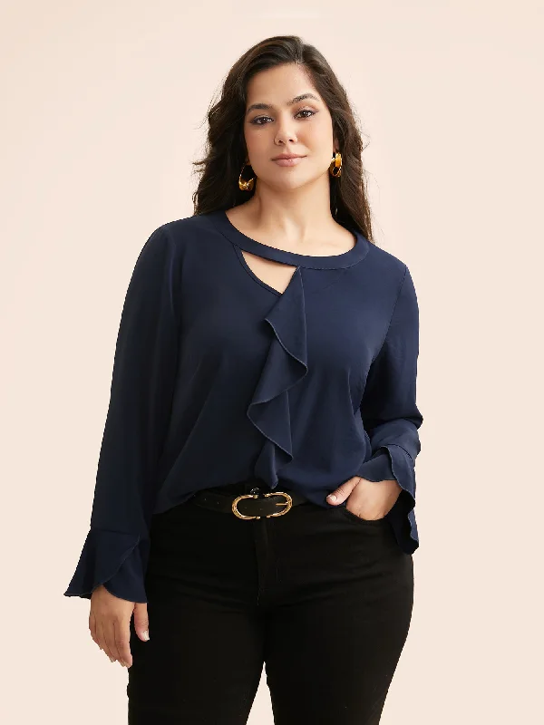 Price Drops You’ll Love!Solid Cut Out Ruffle Trim Blouse