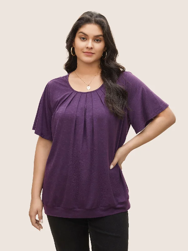 Crazy Discounts Inside!Solid Plicated Detail Flutter Sleeve T-shirt