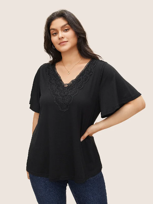 Incredible Savings Inside!Solid Ruffle Sleeve Lace V Neck T-shirt
