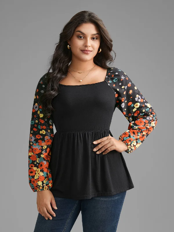 Grab Yours Before It’s Too Late!Square Neck Floral Patchwork Gathered Jersey Top
