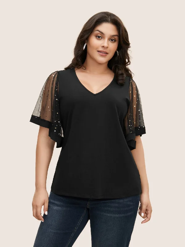 Your Exclusive Offer Awaits!Star Sequin Mesh Patchwork Ruffle Sleeve T-shirt