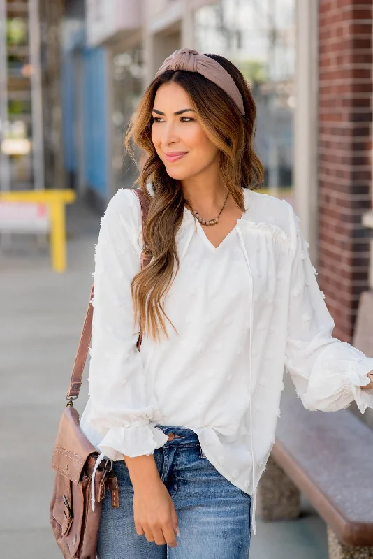Get More, Spend Less – Shop Now!Textured Dot Drawstring Blouse