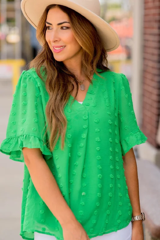 Limited Stock Available!Textured Dot Ruffle Trim V-Neck Blouse
