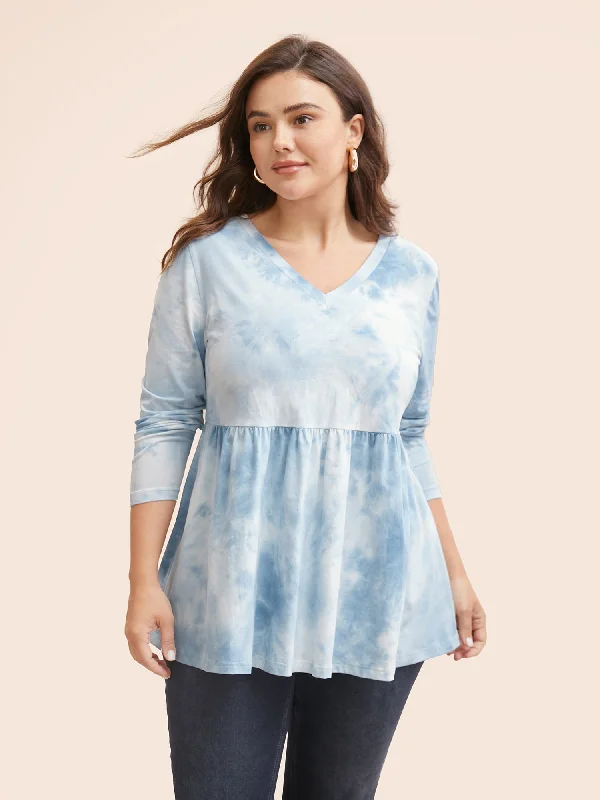 Limited Time Offer!Tie Dye V Neck Gathered T-shirt
