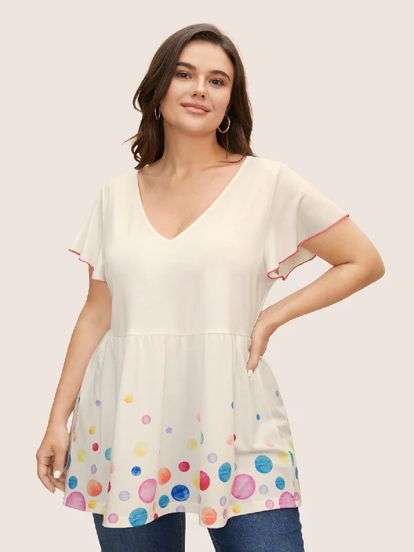 Save Money, Shop Happy!V Neck Colorblock Contrast Ruffle Sleeve T-shirt