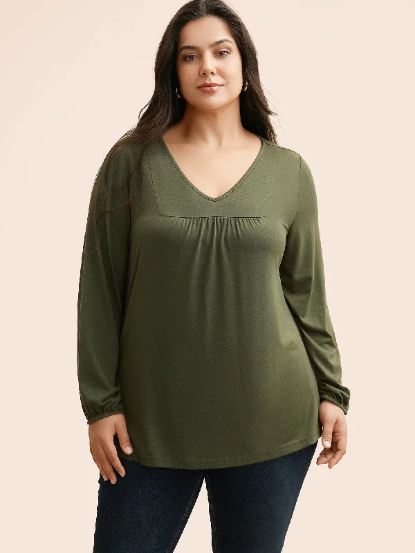 Your Best Deals Are Here!V Neck Gathered Lantern Sleeve Jersey Top