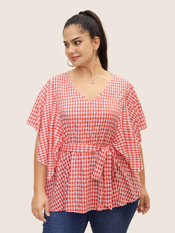 Unmissable Offers Await!V Neck Gingham Tie Knot Ruffles Blouse