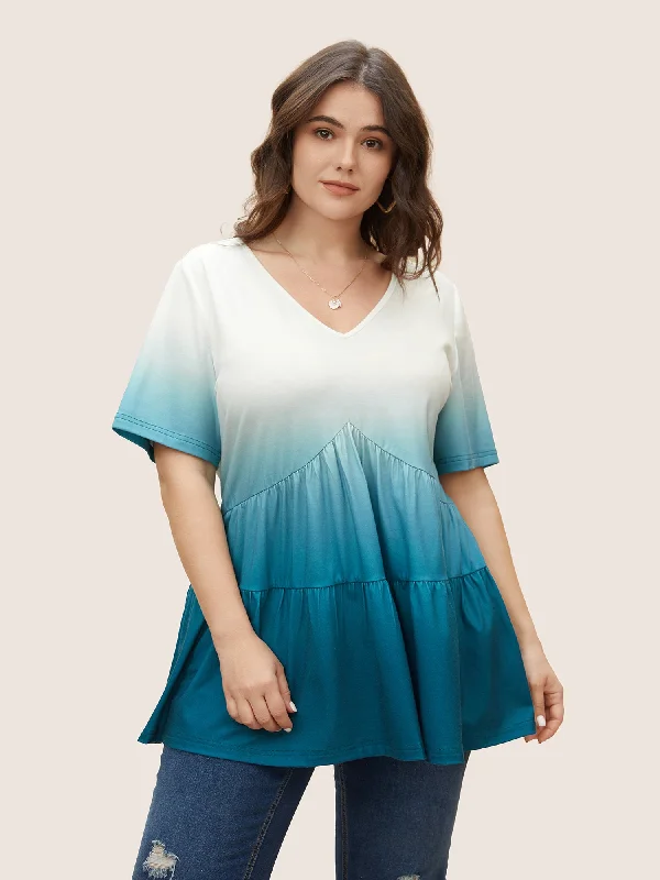 Shop Before It’s Gone!V Neck Ombre Ruffle Layered Hem T-shirt