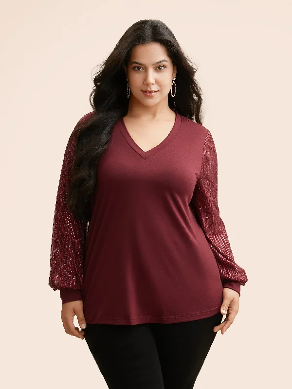 Act Fast – Limited Time Savings!V Neck Sequin Patchwork T-shirt