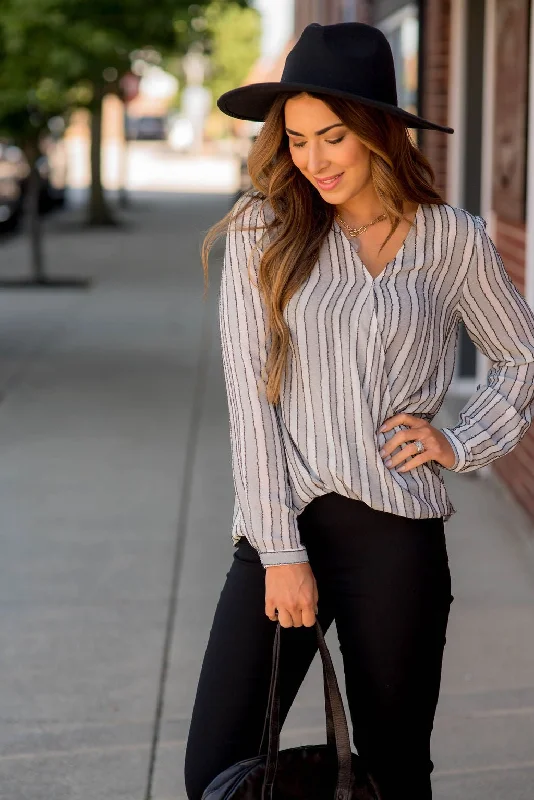 Hurry, Sale Ends Soon!Vertical Stripe V-Neck Wrap Blouse