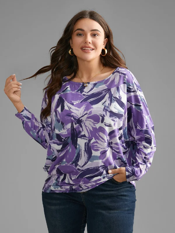 Limited Time Offer!Watercolor Floral Boat Neck Batwing Sleeve Top