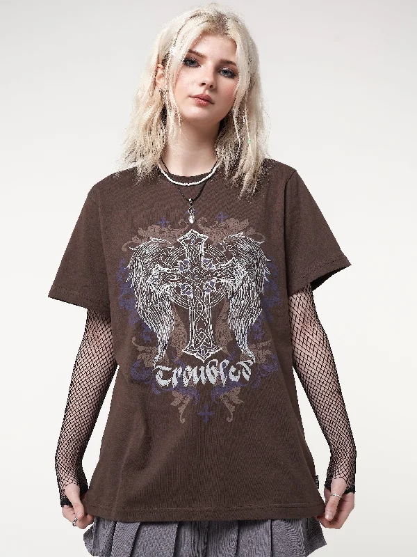 Shop More, Spend Less!Winged Cross Brown T-shirt